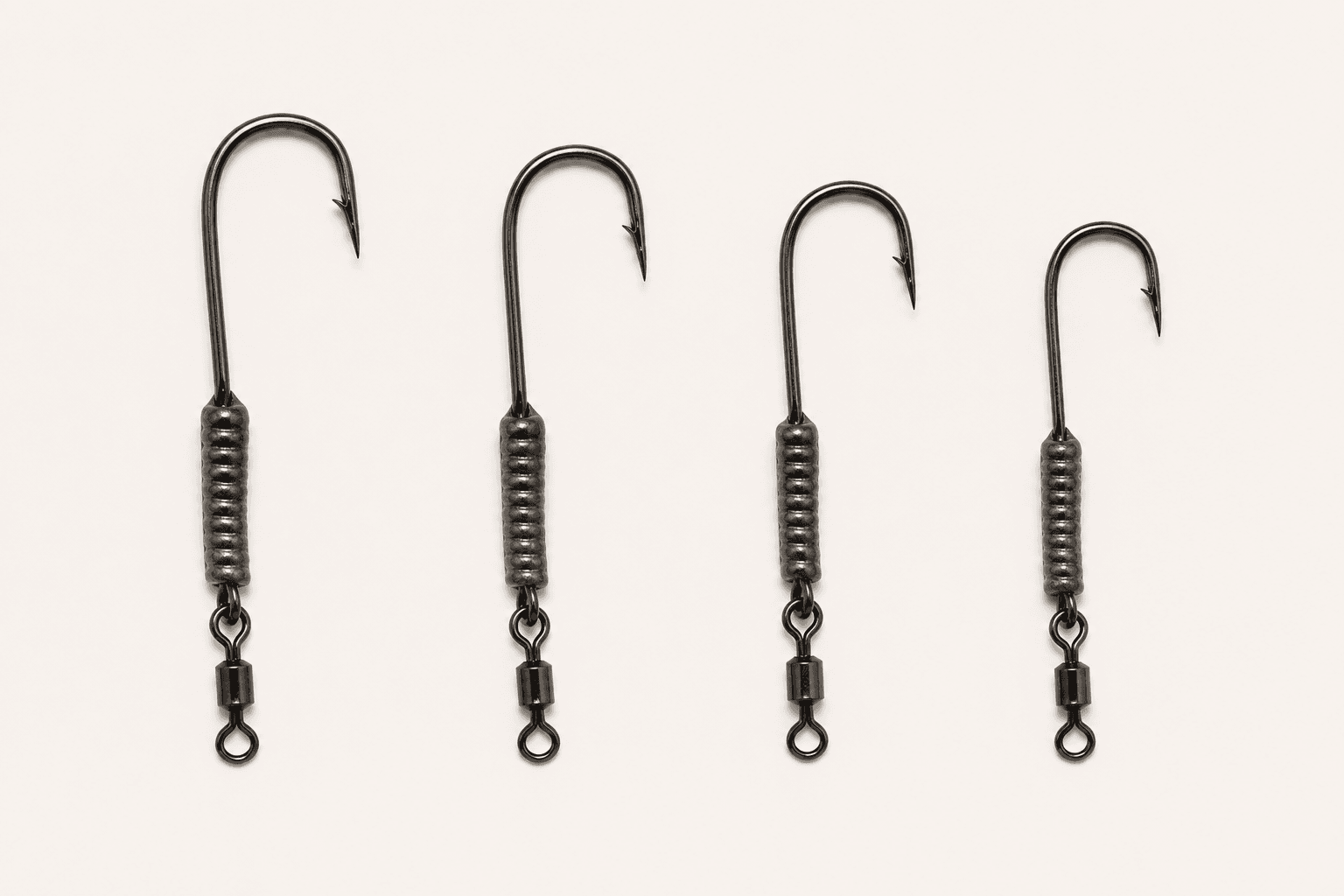 Quattro ami MM Trout Special Hooks allineati dalla misura 1 alla misura 6 per confrontarne le dimensioni