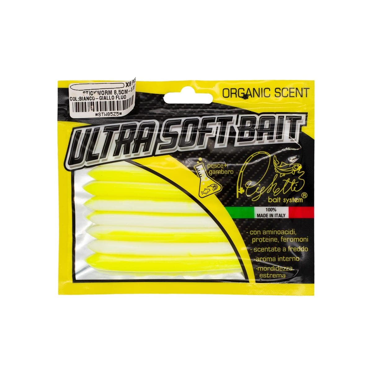 Busta di otto Stickworm a due colori, bianco e giallo fluo