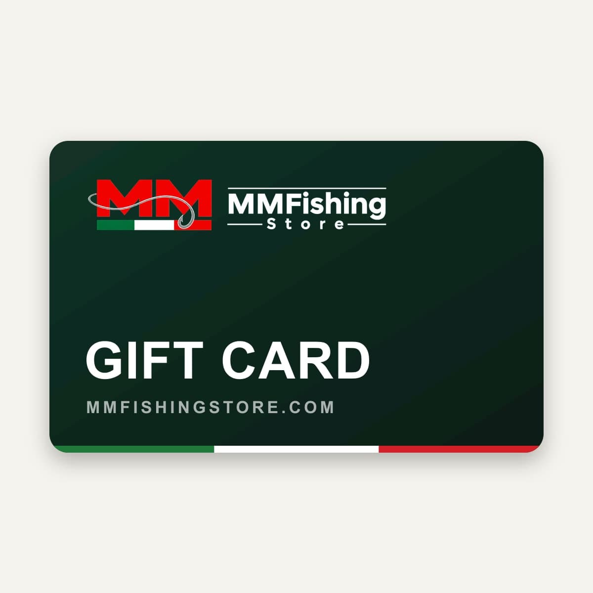 Gift card MM Fishing Store: carta verde scura con il logo MM e la scritta Gift card